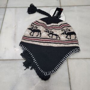 NEW Buckhead Thinsulate Black Cream Fleece Lined Knit Winter Hat w/ Ear Flaps